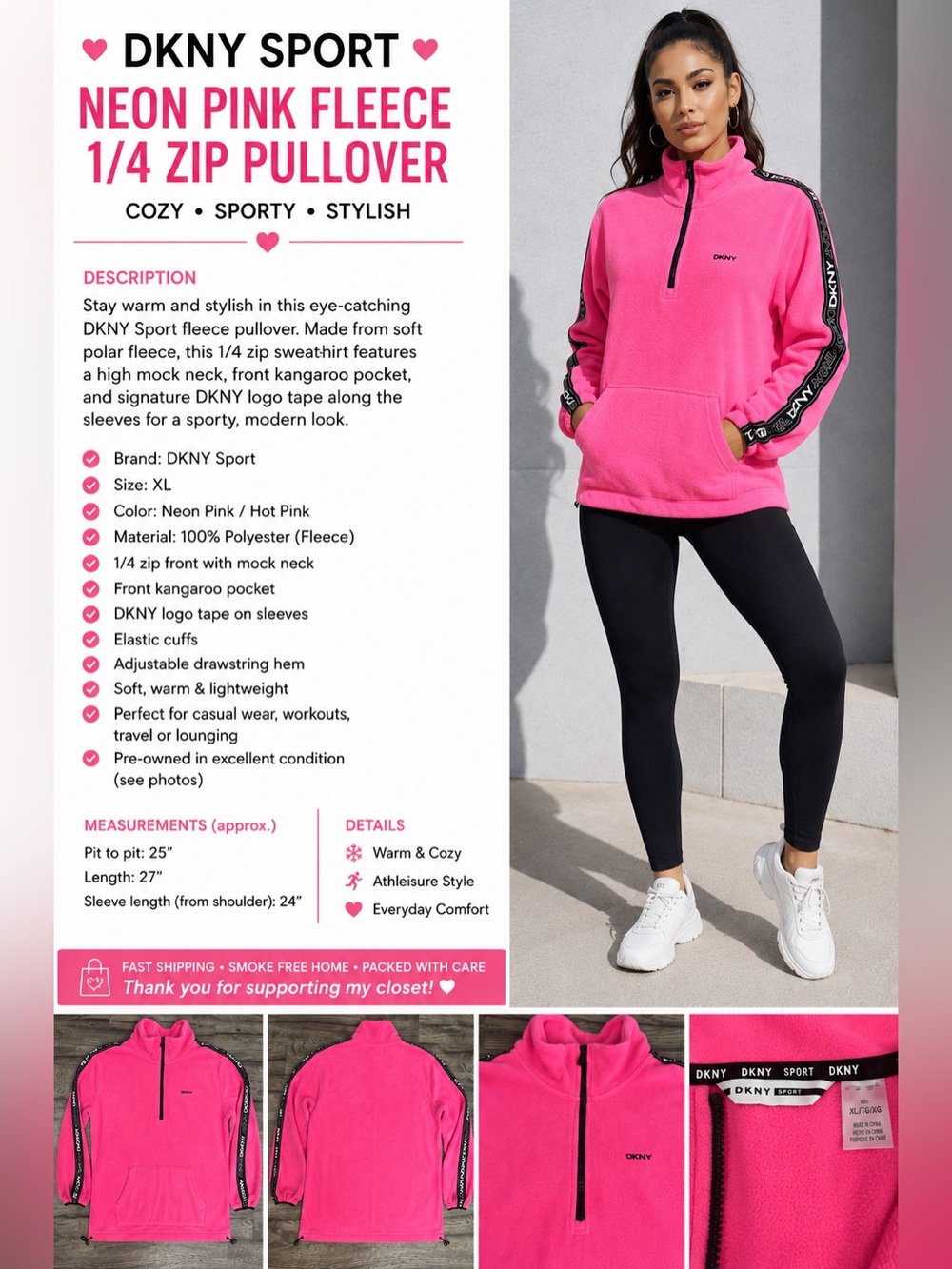 DKNY Sport Neon Pink Fleece 1/4 Zip Pullover Sweatshirt XL Logo Tape cozy